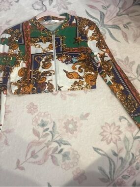 Revamped Cropped Baroque Zip Jacket in Green, Gold & Navy